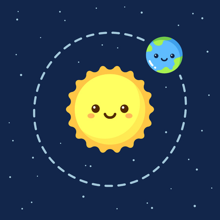 Cute cartoon Earth orbiting around Sun. Modern flat space illustration.