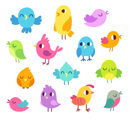 Cute cartoon birds doodle set. Bright and simple vector illustration. Isolated design elements.のイラスト素材