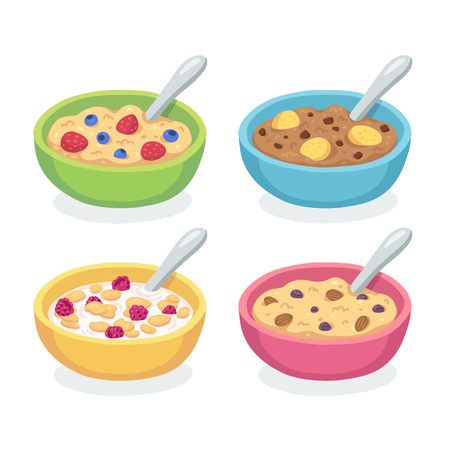 Cute breakfast bowl set. Oatmeal and cereal with berries, bananas chocolate and nuts isolated on white.のイラスト素材