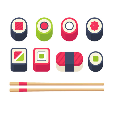 Flat sushi icons set. Japanese food, sushi rolls and sashimi with chopsticks. Vector illustration.のイラスト素材