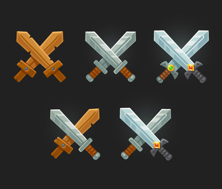 Crossed swords icon set for game or web. Cartoon sword emblems.のイラスト素材