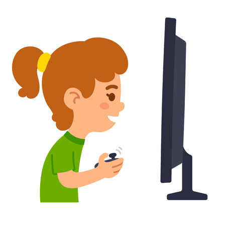 Little cartoon girl playing games in front of screen. Children and videogames illustration.のイラスト素材
