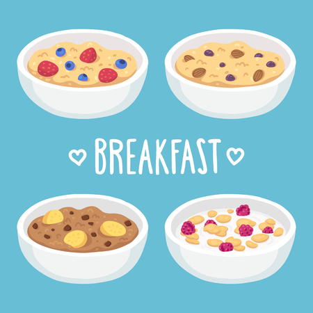 Hand drawn breakfast bowl set. Oatmeal and cereal with fruits, chocolate and nuts.のイラスト素材