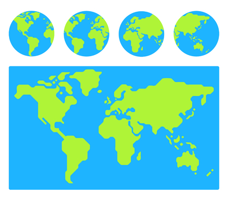 World map with 4 globe icons from different sides. Stylized geometric flat vector.のイラスト素材