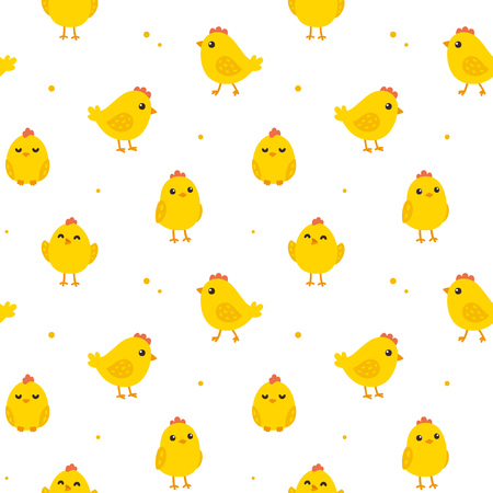 Cute cartoon chicken seamless pattern. Funny yellow chicks in different poses. Vector illustration.のイラスト素材
