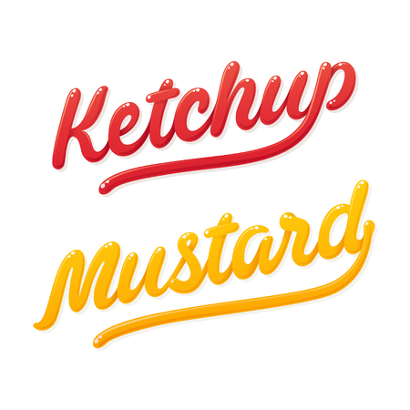 Ketchup and mustard lettering. Modern shiny handwritten typography. Isolated vector illustration.のイラスト素材