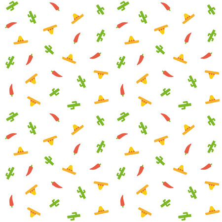 Mexican seamless pattern. Cactus, sombrero hats and chili peppers. Simple cartoon flat illustration.のイラスト素材