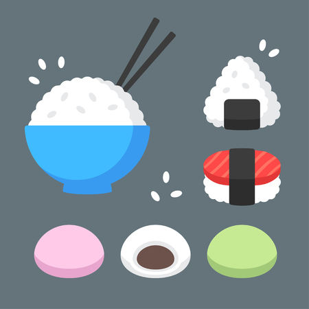 Japanese food rice dishes icon set. Bowl of rice with chopsticks, onigiri and sushi, mochi rice cakes with red bean paste filling. Flat cartoon vector icons.のイラスト素材