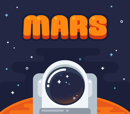Astronaut on Mars. Flat cartoon space illustration. Helmet of an astronaut with Mars surface surrounded by starry sky.のイラスト素材