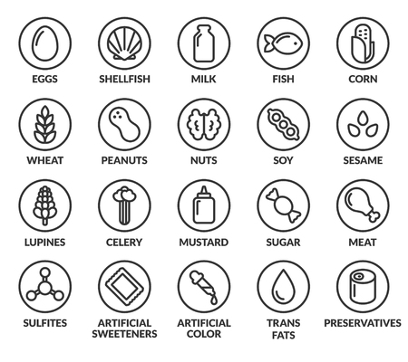 Set of allergy ingredient warning labels. Common allergens icons. Gluten and sulfite sensitivity, celery and mustard, artificial sweeteners and preservatives, and more.のイラスト素材