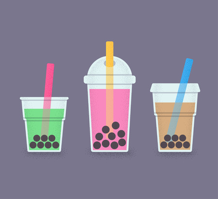 Bubble Tea, milk cocktail with tapioca pearls. Set of drink glasses with straws. Retro style illustration of bubble tea or milkshake.のイラスト素材