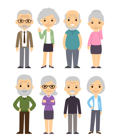 Cute cartoon senior people set. Happy old people, men and women, isolated flat vector illustration.のイラスト素材