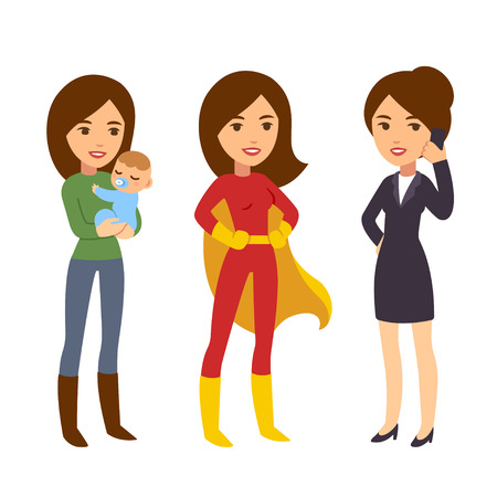 Super woman concept. Mom with baby, businesswoman on phone and in hero costume. Humorous life and work balance illustration.のイラスト素材