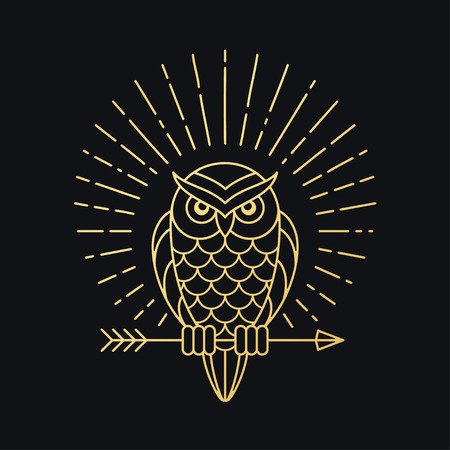 Owl outline emblem in geometric hipster style with arrow and beams. Golden symbol on black background. Vintage illustration.のイラスト素材