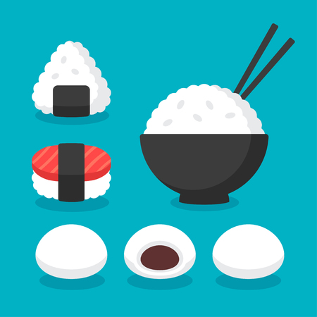 Japanese cuisine rice dishes icon set. Bowl of rice with chopsticks, onigiri and sushi, mochi rice cakes or dumplings. Flat cartoon vector icons.のイラスト素材