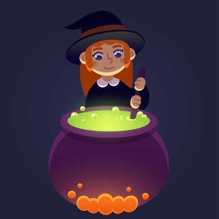 Little witch stirring potion in cauldron. Young girl in witch costume, cute cartoon Halloween illustration.のイラスト素材