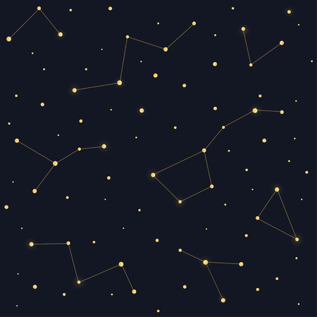 Constellations seamless pattern. Ursa Major Big Dipper, Cassiopeia on dark night sky background.のイラスト素材