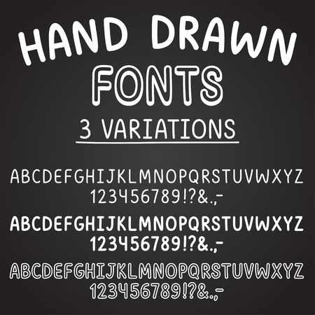 3 hand drawn fonts: thin, bold and outlined. White chalk on blackboard. Cute cartoon typeface.のイラスト素材