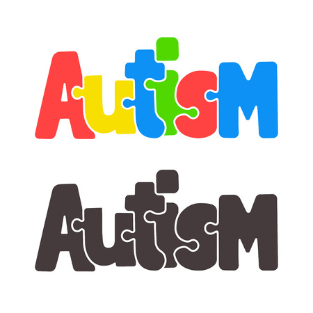 Hand drawn Autism lettering in cartoon style, with jigsaw puzzle motif.のイラスト素材
