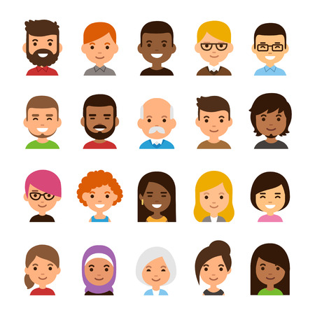 Diverse avatar set isolated on white background. Different skin and hair color, happy expressions. Cute and simple flat cartoon style.