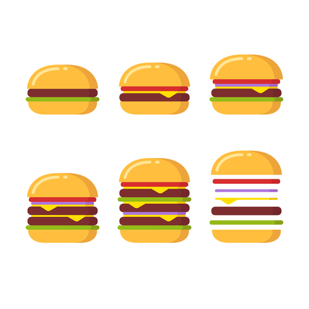 Burger icon constructor set. From simple hamburger to double and triple cheeseburger with tomato, onions and lettuce.のイラスト素材