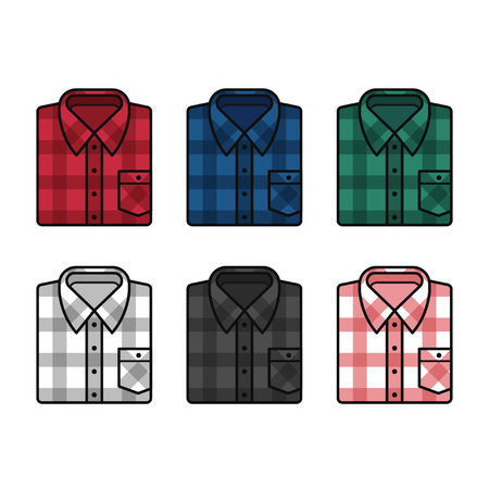 Plaid pattern flannel shirts set, mens fashion illustration. Vector line icons of folded shirts in different colors.のイラスト素材
