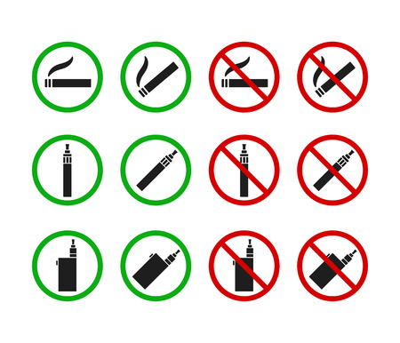 Set of No Smoking and Smoking Allowed signs. Cigarettes and vaporizers (electronic cigarettes)のイラスト素材