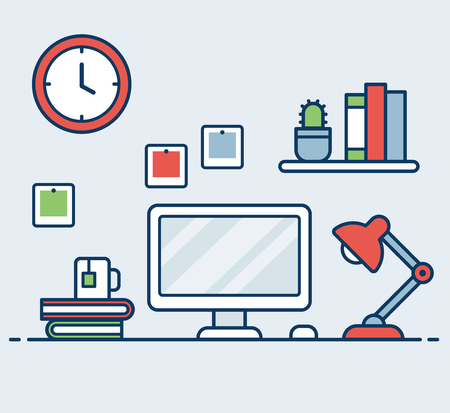 Flat design vector illustration of office desk with computer. Creative worker workplace interior. Minimalistic geometric style with simple colors.のイラスト素材