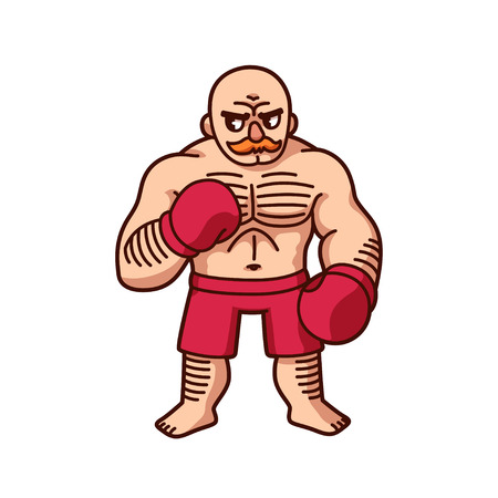 Cartoon boxer vector illustration. Strong man with retro mustache, barefoot with boxing gloves. Vintage comic style fighter.のイラスト素材
