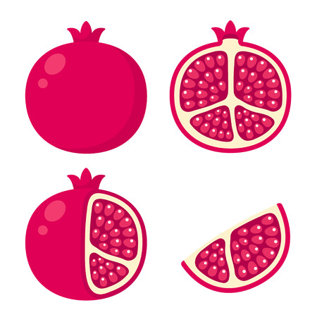 Pomegranate icon set. Cartoon illustration of whole pomegranate, cut in half, with skin peeled and a wedge.のイラスト素材