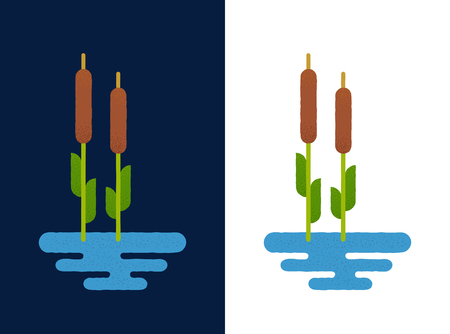 Cattails in lake on white and blue background. Vector illustration in flat geometric cartoon style. Reed logo or icon.のイラスト素材