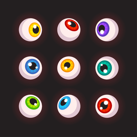 Human eyeballs set, different colors. Cartoon Halloween design elements. Vector illustration.のイラスト素材