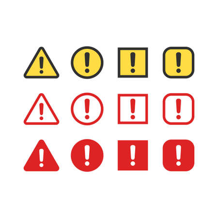 Warning, attention signs set. Exclamation mark symbol, bright danger colors. Triangle, circle and rectangle icons.のイラスト素材