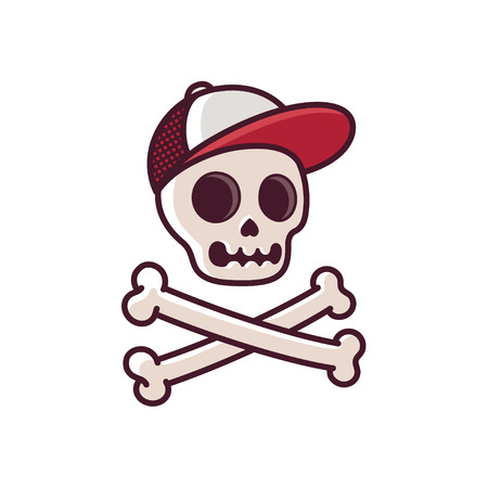 Cartoon human skull in baseball cap with crossbones. Cool comic style illustration.のイラスト素材