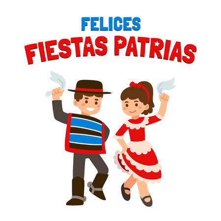 Felices Fiestas Patrias (spanish) - Happy independence Day in Chile, September 18. Cute cartoon children in national costumes dancing Cueca, traditional dance.のイラスト素材