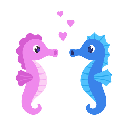 Cute cartoon seahorse couple. Male and female sea horses with hearts. St. Valentines Day vector greeting card illustration.のイラスト素材