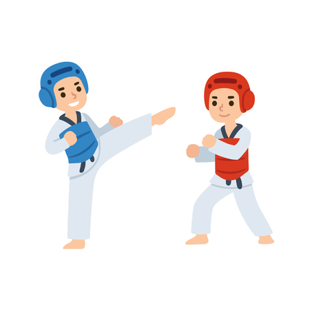 Taekwondo kids fighting in uniform. Martial arts illustration.のイラスト素材