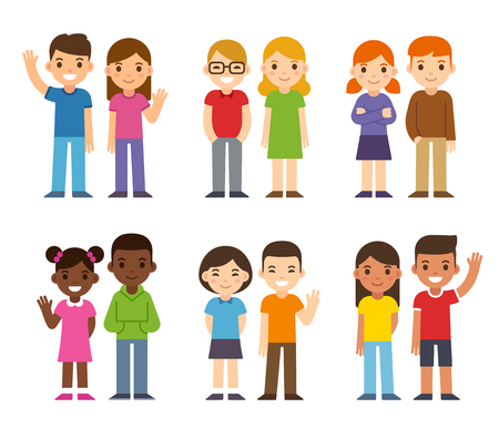 Set of cute cartoon diverse children, boys and girls. Simple flat vector style.のイラスト素材