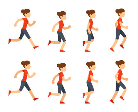 Running woman set. 8 frame loop. Flat cartoon style vector illustration.のイラスト素材