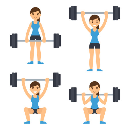 Cartoon woman barbell training. Weight lifting exercises: squat, deadlift, overhead press. Flat vector style fitness illustration.のイラスト素材