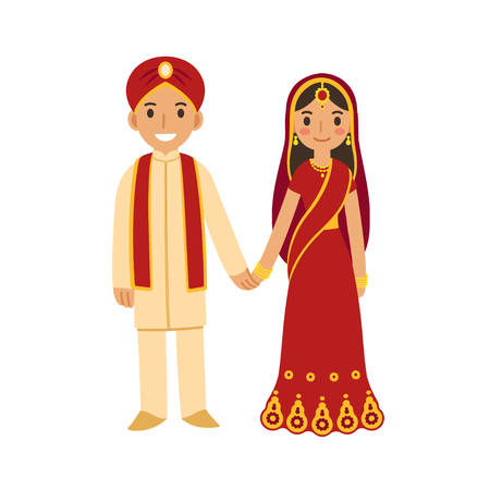 Indian wedding couple in traditional dress holding hands and smiling. Cute cartoon vector illustration.のイラスト素材