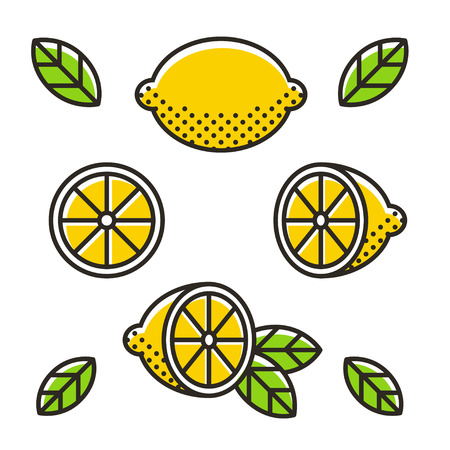 Retro style lemons, line icon set. Whole lemon, slice and leaves. Modern geometric flat vector illustration.のイラスト素材