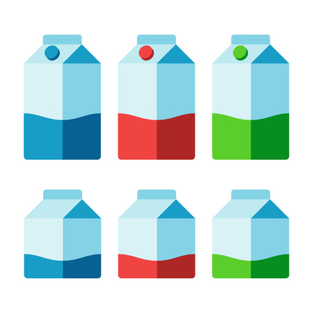 Milk cartons set isolated on white background. Different colors for whole, low fat and skimmed milk. Vector illustration.のイラスト素材