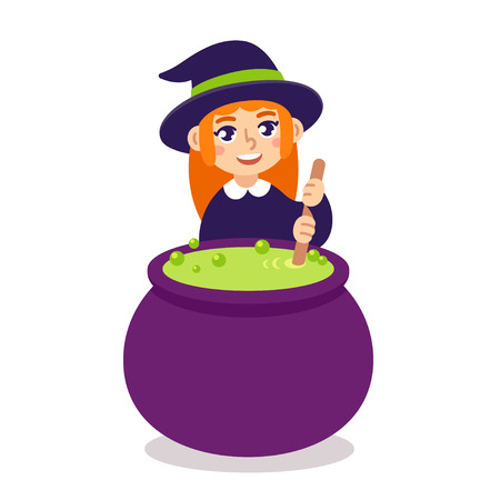 Cute little witch brewing potion in cauldron. Cartoon Halloween illustration.のイラスト素材