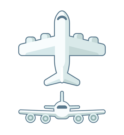 Isolated vector airplane illustration, flat cartoon design. Front view and from above.のイラスト素材