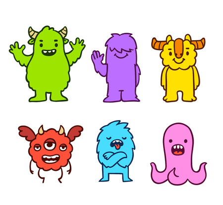 Cute cartoon funny monsters. Hand drawn characters vector illustration set.のイラスト素材