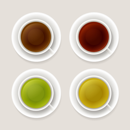 Tea types vector illustration. Black and red tea, green and yellow. Set of isolated cups, top view.のイラスト素材