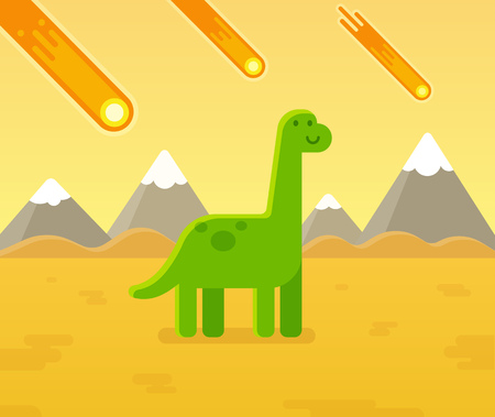 Cute cartoon dinosaur during asteroid strike. Prehistoric extinction event vector illustration.のイラスト素材