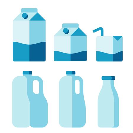 Set of milk container icons. Cartons, plastic jugs and glass bottle. Isolated flat vector illustration.のイラスト素材