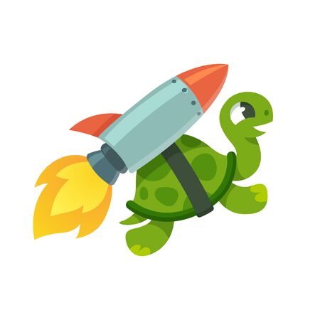 Cute cartoon turtle with rocket jetpack. Funny vector illustration.のイラスト素材
